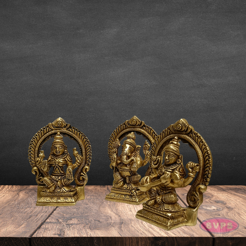 Brass Lakshmi Ganesha Saraswati Idol Set with Prabhavali Arch