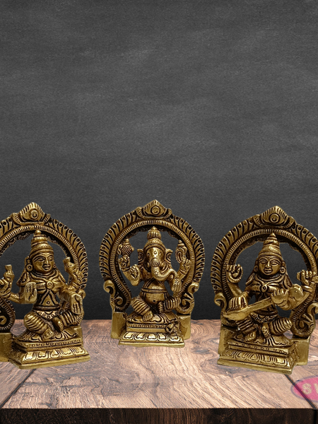 Brass Lakshmi Ganesha Saraswati Idol Set with Prabhavali Arch