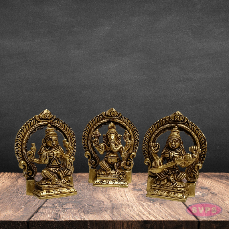 Brass Lakshmi Ganesha Saraswati Idol Set with Prabhavali Arch
