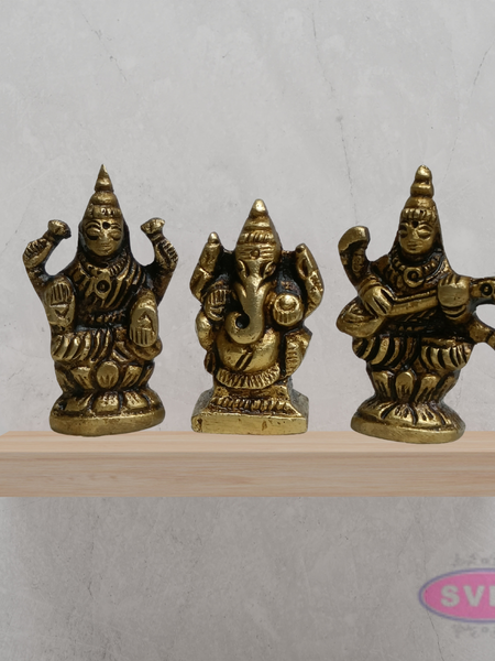 Mini Brass Lakshmi Ganesha Saraswati Idols 1 Inch Pooja Set