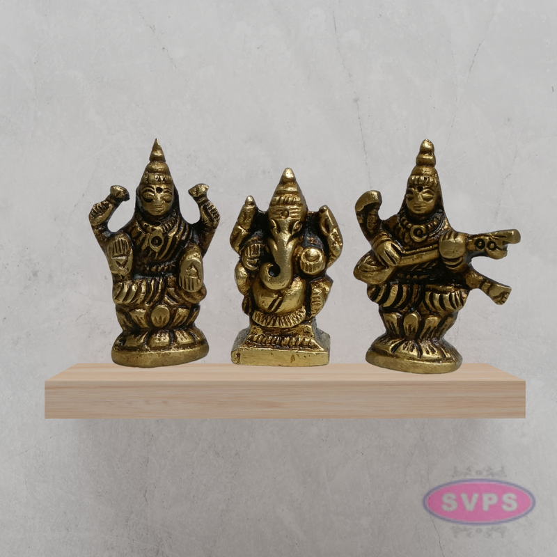 Mini Brass Lakshmi Ganesha Saraswati Idols 1 Inch Pooja Set