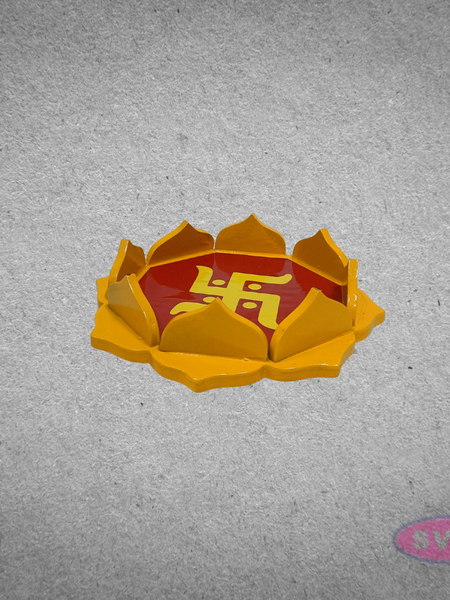 Wooden Lotus Puja Stand with Swastik Symbol – Decorative Spiritual Base for Diyas & Idols