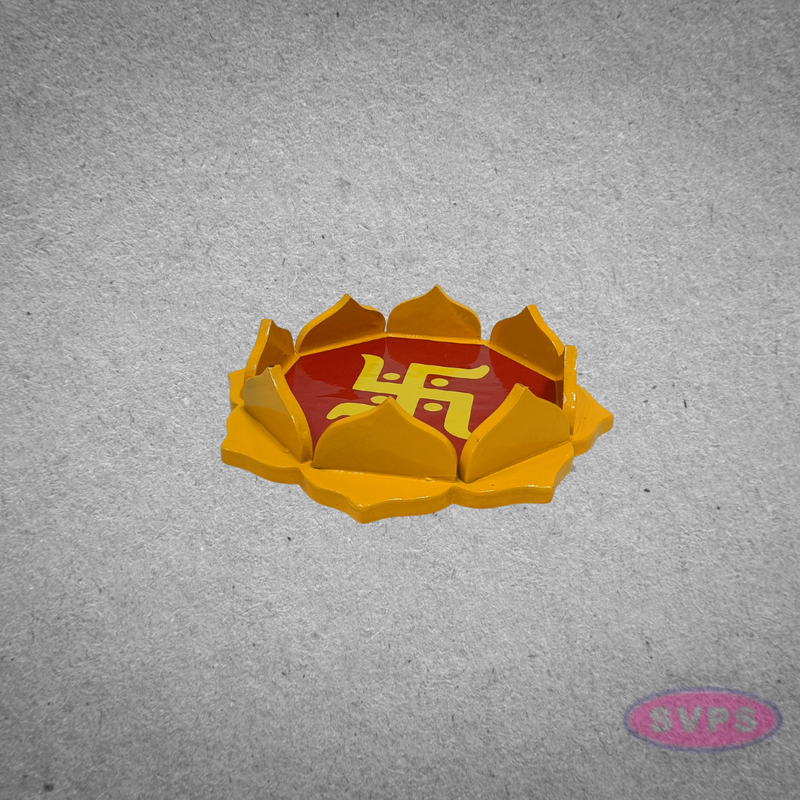 Wooden Lotus Puja Stand with Swastik Symbol – Decorative Spiritual Base for Diyas & Idols