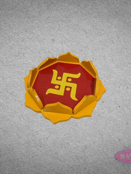 Wooden Lotus Puja Stand with Swastik Symbol – Decorative Spiritual Base for Diyas & Idols