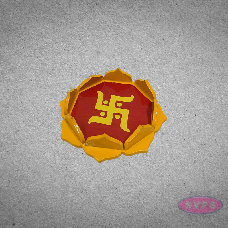Wooden Lotus Puja Stand with Swastik Symbol – Decorative Spiritual Base for Diyas & Idols