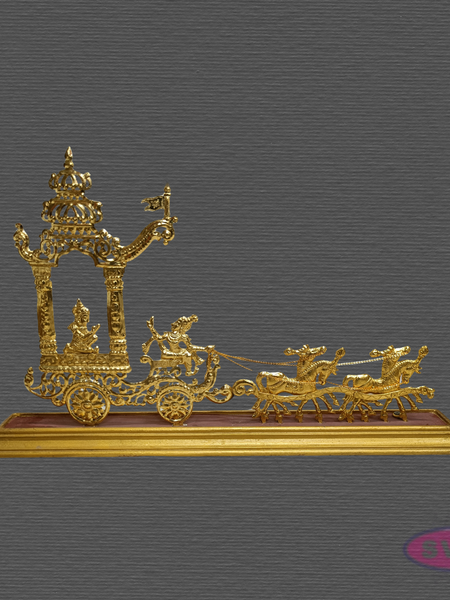 Brass Gold Coated Temple Chariot with Horses – Traditional Ther Showpiece