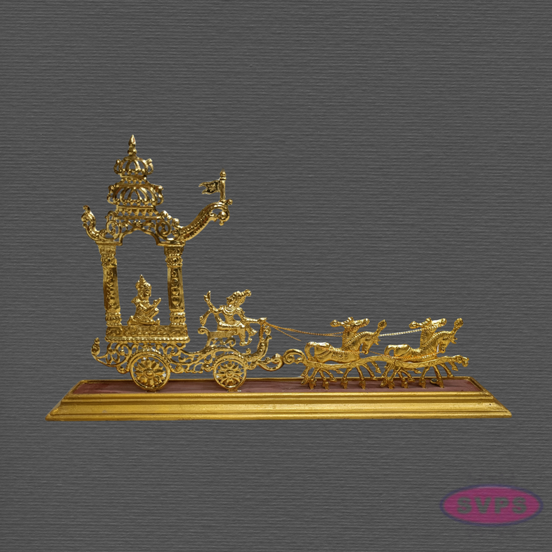 Brass Gold Coated Temple Chariot with Horses – Traditional Ther Showpiece