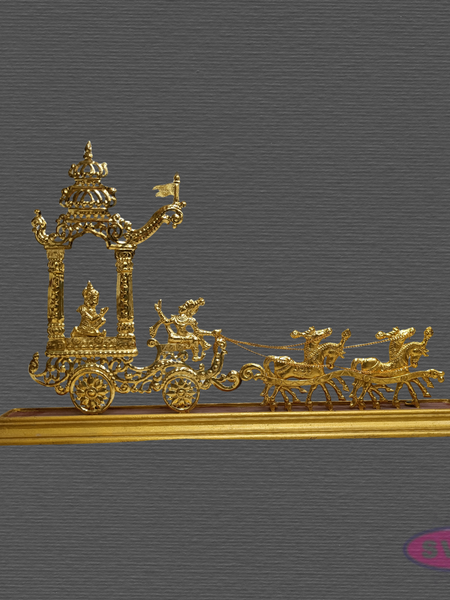 Brass Gold Coated Temple Chariot with Horses – Traditional Ther Showpiece
