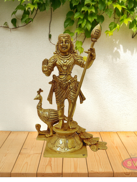 Antique Finish Brass Murugan Statue with Vel and Peacock