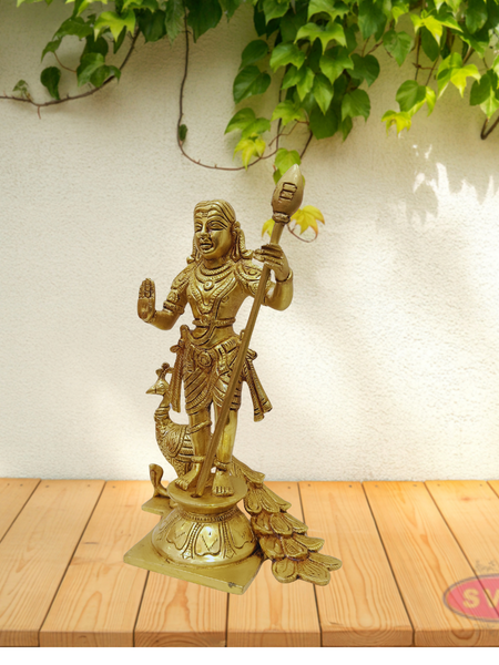 Antique Finish Brass Murugan Statue with Vel and Peacock