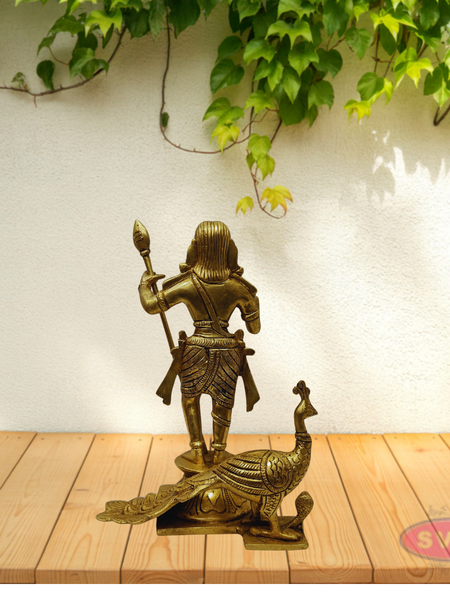 Antique Finish Brass Murugan Statue with Vel and Peacock