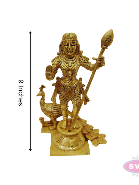 Antique Finish Brass Murugan Statue with Vel and Peacock
