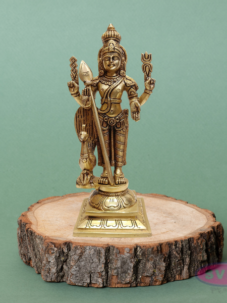 Brass Murugan Swamy Idol with Vel & Mayil Vahanam – 9.5 Inch Pooja Statue