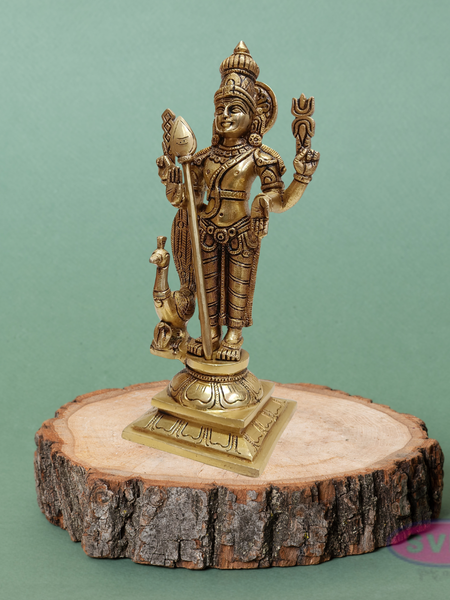 Brass Murugan Swamy Idol with Vel & Mayil Vahanam – 9.5 Inch Pooja Statue