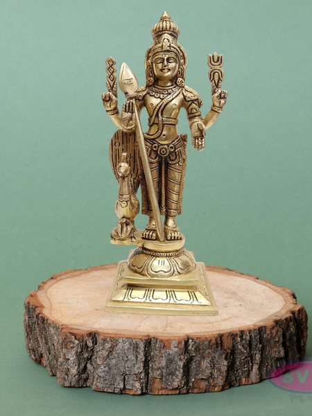 Brass Murugan Swamy Idol with Vel & Mayil Vahanam – 9.5 Inch Pooja Statue