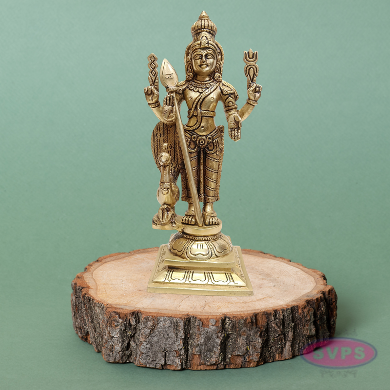 Brass Murugan Swamy Idol with Vel & Mayil Vahanam – 9.5 Inch Pooja Statue