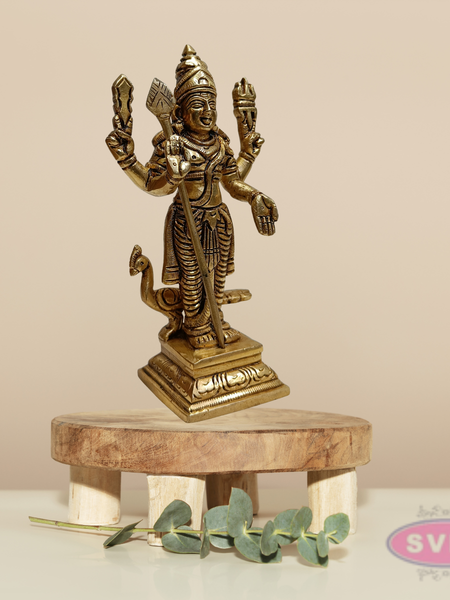 Brass Murugan Swamy Idol with Vel & Mayil Vahanam – 6.5 Inch Pooja Statue