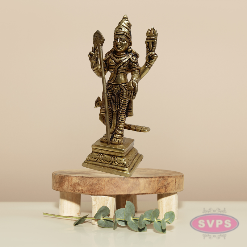 Brass Murugan Swamy Idol with Vel & Mayil Vahanam – 6.5 Inch Pooja Statue