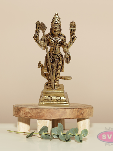 Brass Murugan Swamy Idol with Vel & Mayil Vahanam – 6.5 Inch Pooja Statue