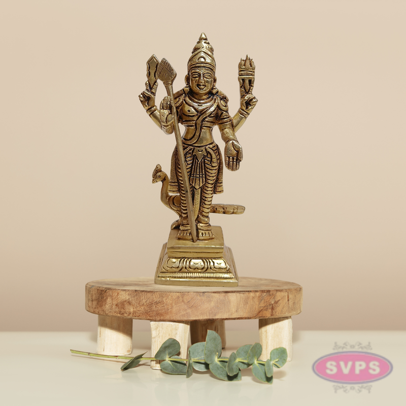 Brass Murugan Swamy Idol with Vel & Mayil Vahanam – 6.5 Inch Pooja Statue