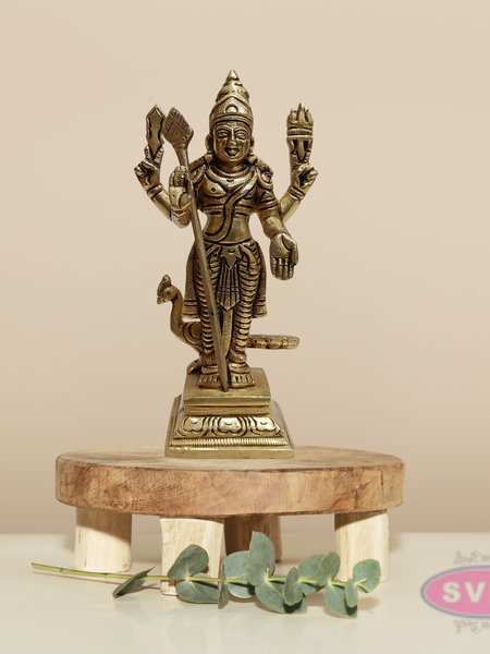 Brass Murugan Swamy Idol with Vel & Mayil Vahanam – 6.5 Inch Pooja Statue