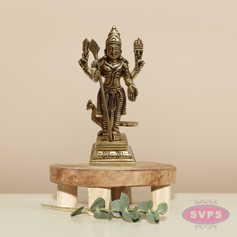 Brass Murugan Swamy Idol with Vel & Mayil Vahanam – 6.5 Inch Pooja Statue