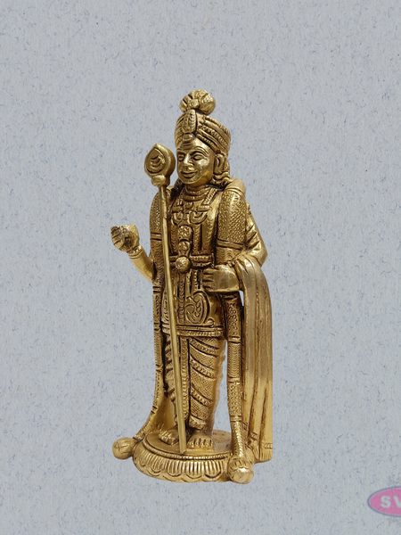 Brass Lord Murugan Standing Idol – 6 Inch with Vel for Home Temple