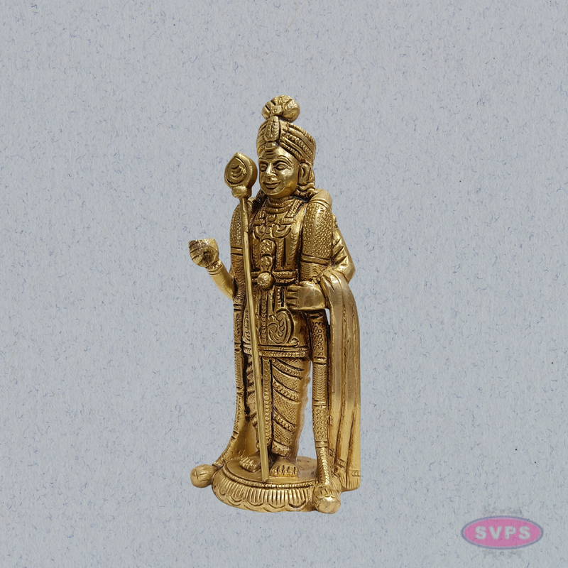 Brass Lord Murugan Standing Idol – 6 Inch with Vel for Home Temple