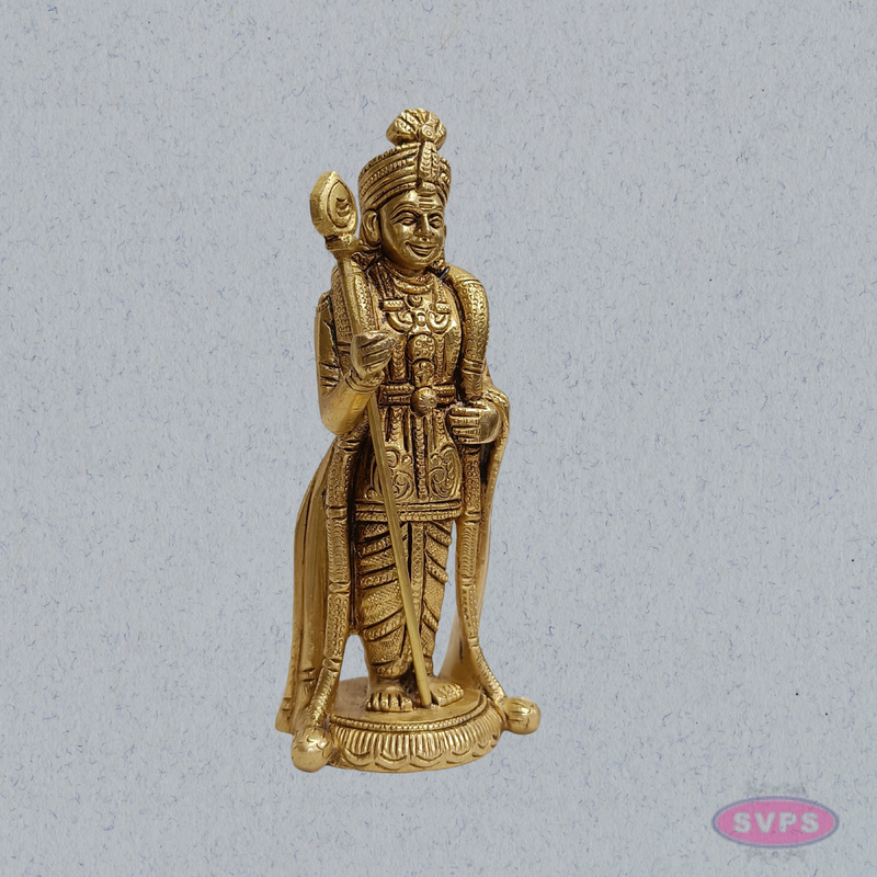 Brass Lord Murugan Standing Idol – 6 Inch with Vel for Home Temple