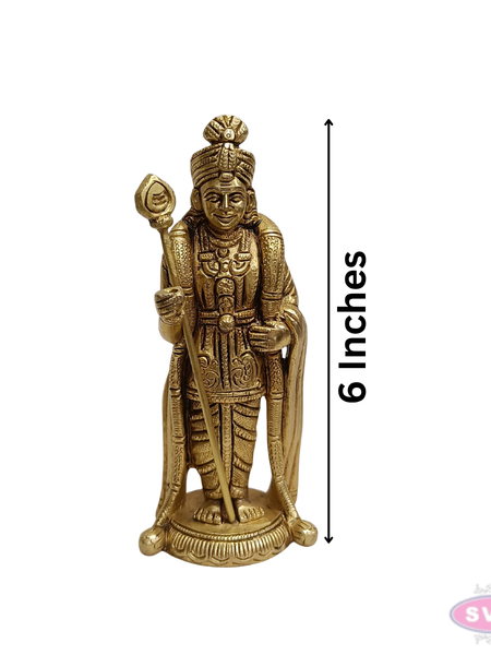Brass Lord Murugan Standing Idol – 6 Inch with Vel for Home Temple