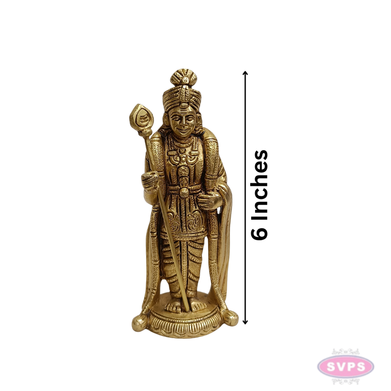 Brass Lord Murugan Standing Idol – 6 Inch with Vel for Home Temple
