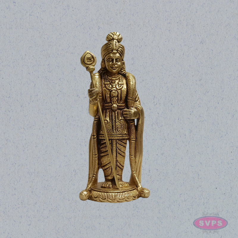 Brass Lord Murugan Standing Idol – 6 Inch with Vel for Home Temple