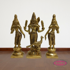 Lord Murugan with Valli Deivanai Brass Idol Set (Standing Kartikeya Statue)
