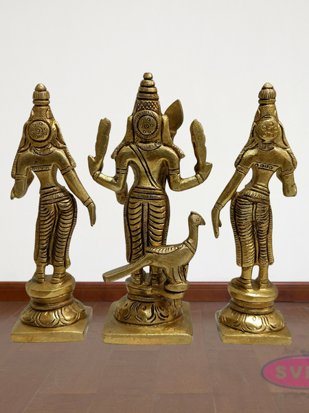 Lord Murugan with Valli Deivanai Brass Idol Set (Standing Kartikeya Statue)