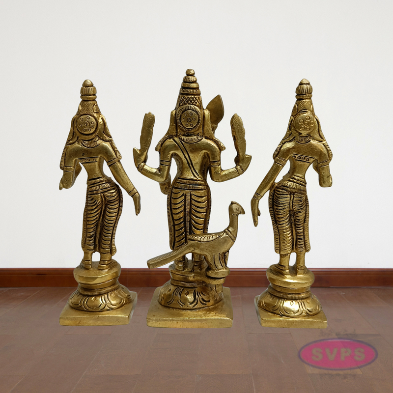 Lord Murugan with Valli Deivanai Brass Idol Set (Standing Kartikeya Statue)