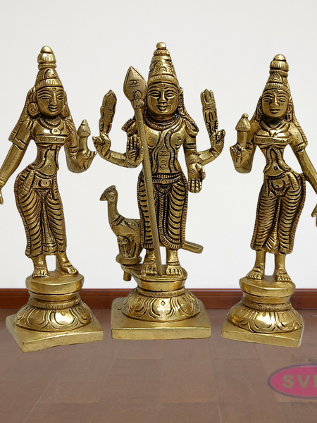 Lord Murugan with Valli Deivanai Brass Idol Set (Standing Kartikeya Statue)