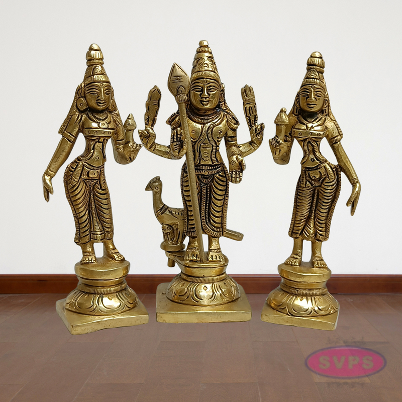 Lord Murugan with Valli Deivanai Brass Idol Set (Standing Kartikeya Statue)
