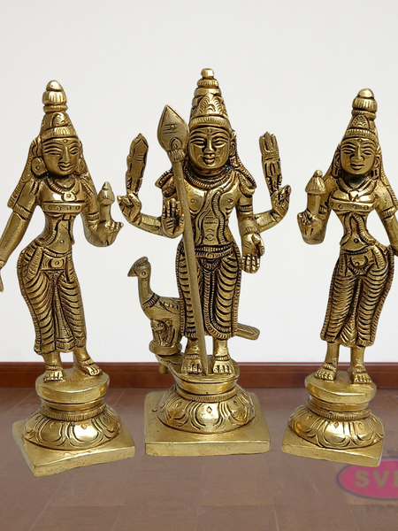 Lord Murugan with Valli Deivanai Brass Idol Set (Standing Kartikeya Statue)