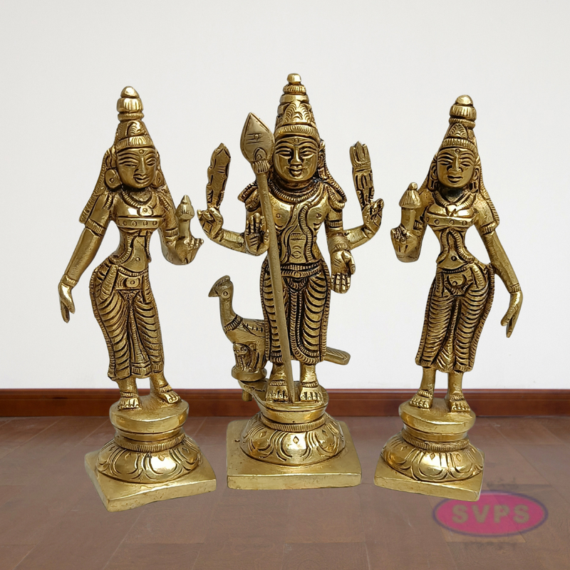 Lord Murugan with Valli Deivanai Brass Idol Set (Standing Kartikeya Statue)