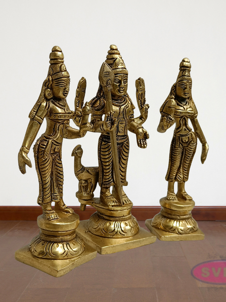 Lord Murugan with Valli Deivanai Brass Idol Set (Standing Kartikeya Statue)