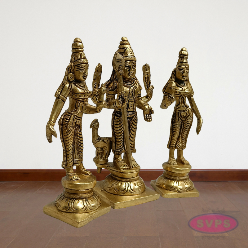 Lord Murugan with Valli Deivanai Brass Idol Set (Standing Kartikeya Statue)