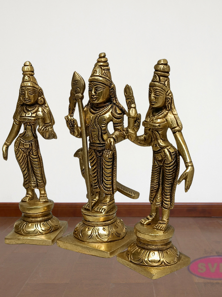 Lord Murugan with Valli Deivanai Brass Idol Set (Standing Kartikeya Statue)