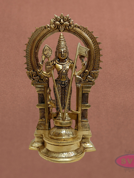 Brass Subramanya Swamy Idol with Peacock & Arch – 12 Inch Murugan Pooja Statue