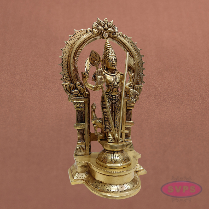 Brass Subramanya Swamy Idol with Peacock & Arch – 12 Inch Murugan Pooja Statue