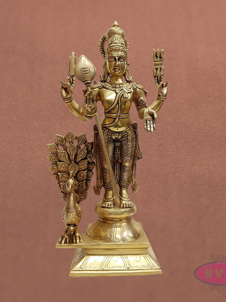Brass Murugan Idol Standing with Peacock – 1.5 Feet Subramanya Swamy Statue for Spiritual Decor