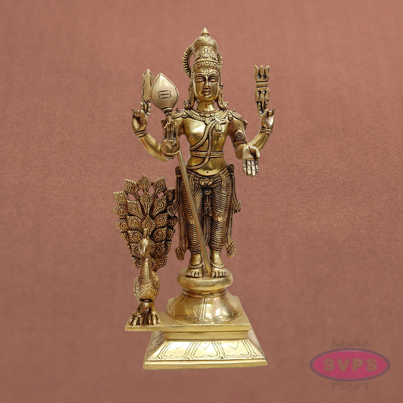 Brass Murugan Idol Standing with Peacock – 1.5 Feet Subramanya Swamy Statue for Spiritual Decor
