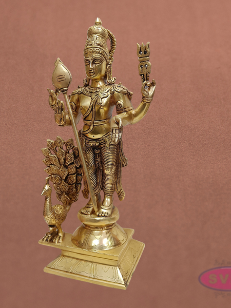 Brass Murugan Idol Standing with Peacock – 1.5 Feet Subramanya Swamy Statue for Spiritual Decor