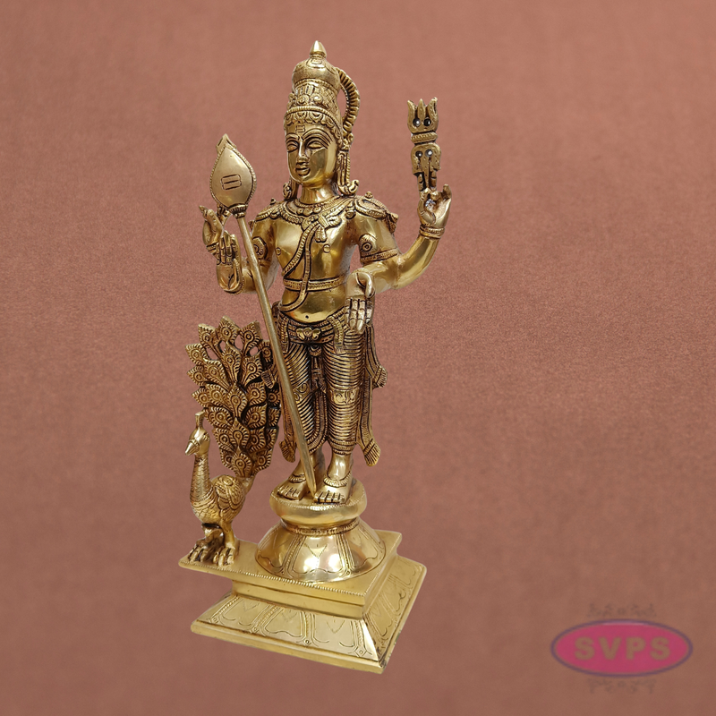 Brass Murugan Idol Standing with Peacock – 1.5 Feet Subramanya Swamy Statue for Spiritual Decor