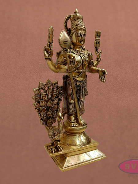 Brass Murugan Idol Standing with Peacock – 1.5 Feet Subramanya Swamy Statue for Spiritual Decor