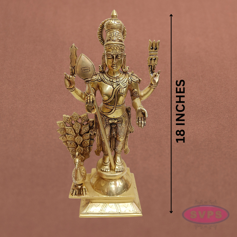 Brass Murugan Idol Standing with Peacock – 1.5 Feet Subramanya Swamy Statue for Spiritual Decor